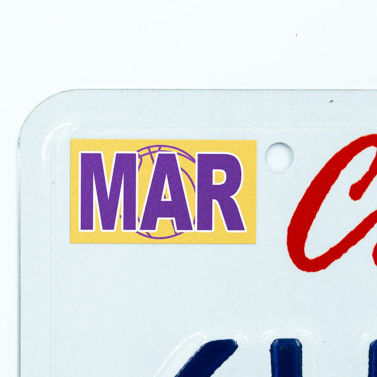 California license plate March month sticker applied to upper corner of white California plate — Courtside Series