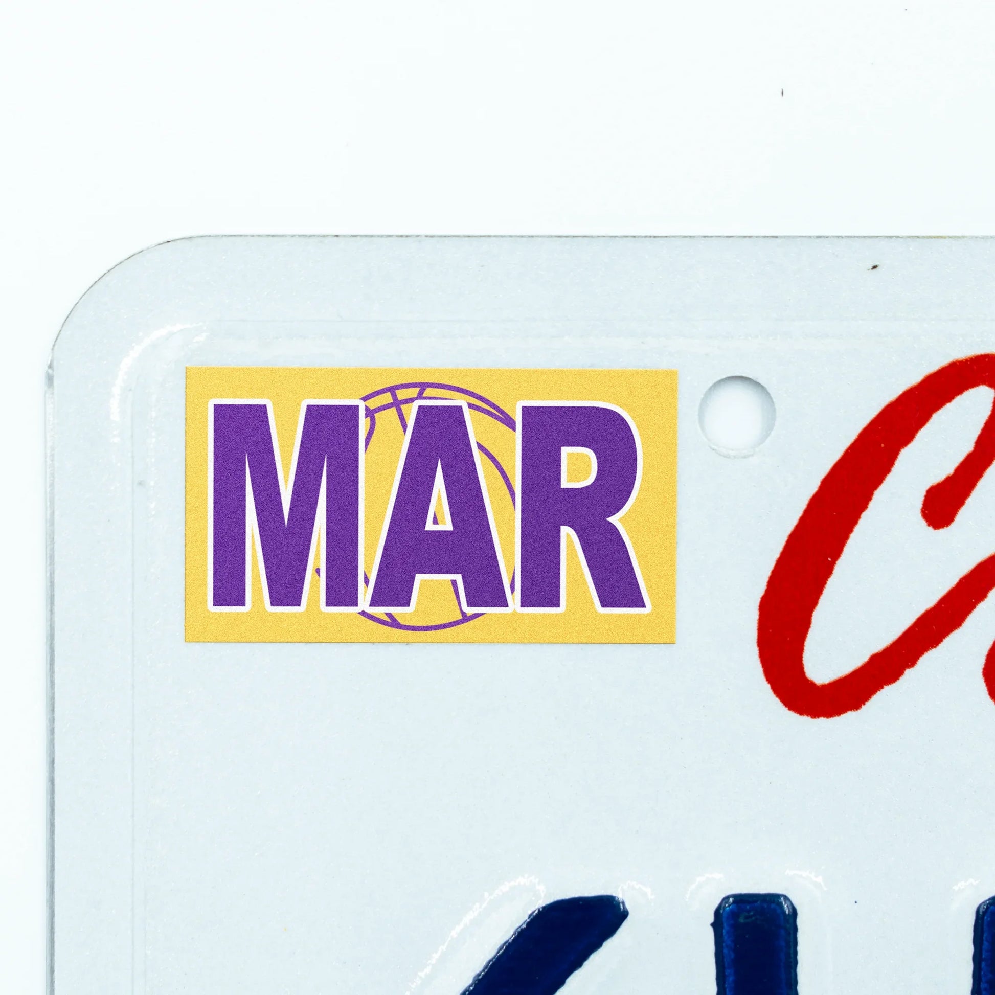 California license plate March month sticker applied to upper corner of white California plate — Courtside Series