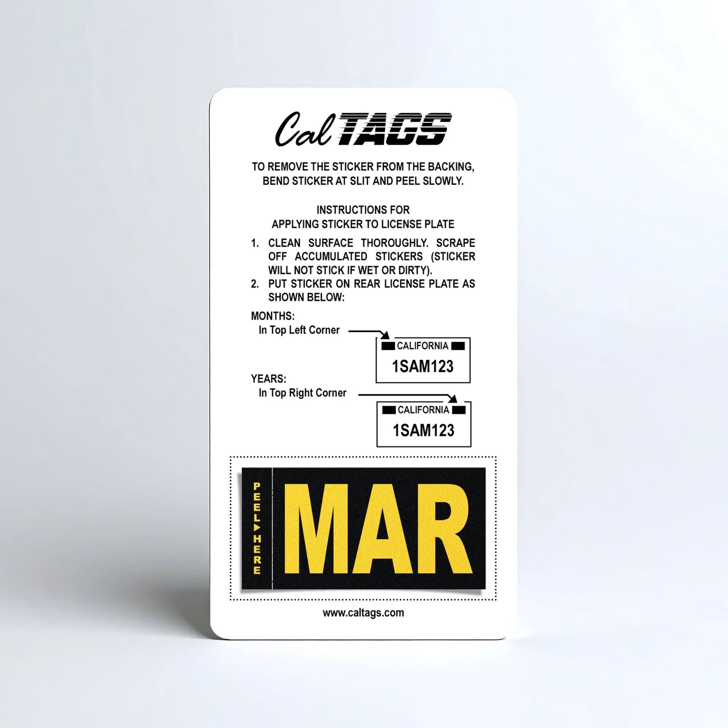 California license plate March month sticker mounted on CalTags display card — Legacy Series