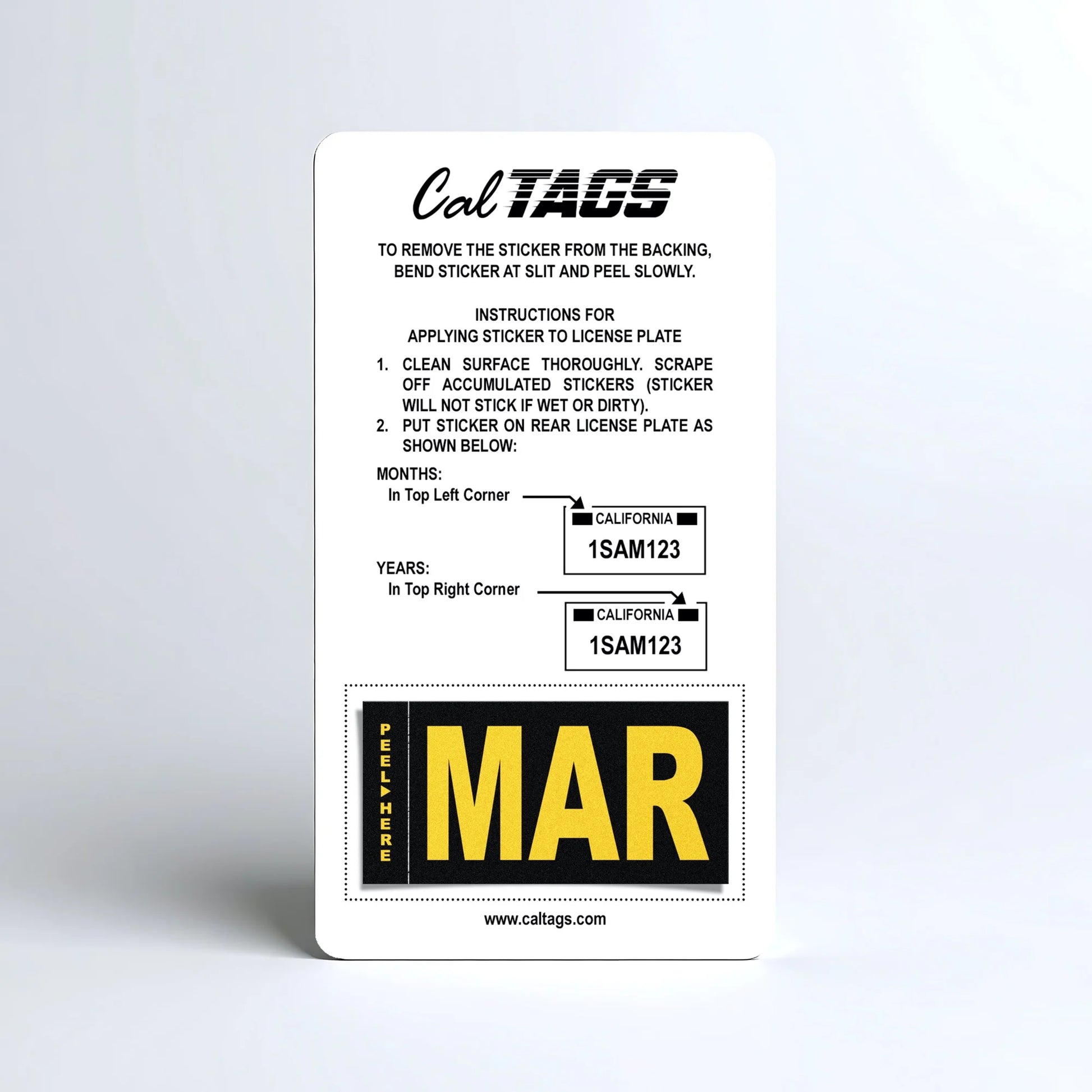 California license plate March month sticker mounted on CalTags display card — Legacy Series