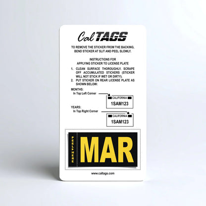 California license plate March month sticker mounted on CalTags display card — Legacy Series