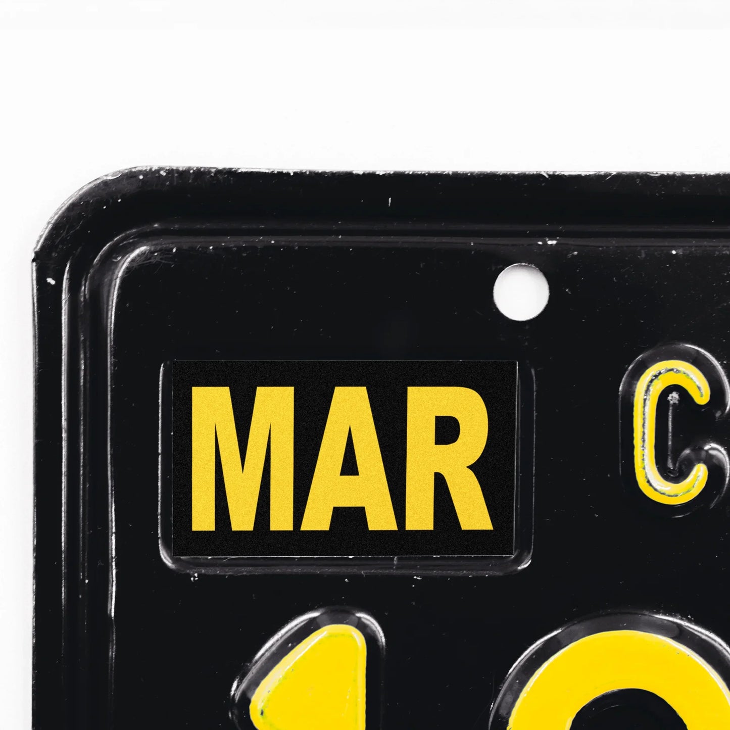 California license plate March month sticker applied to upper corner of black California plate — Legacy Series