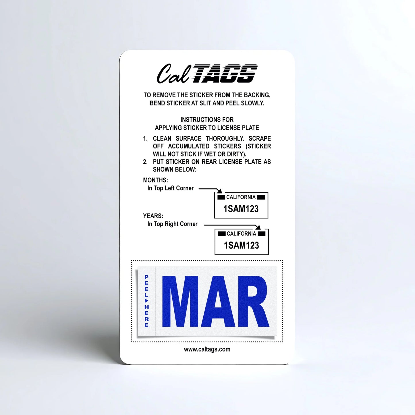 California license plate March month sticker mounted on CalTags display card — Modern Series