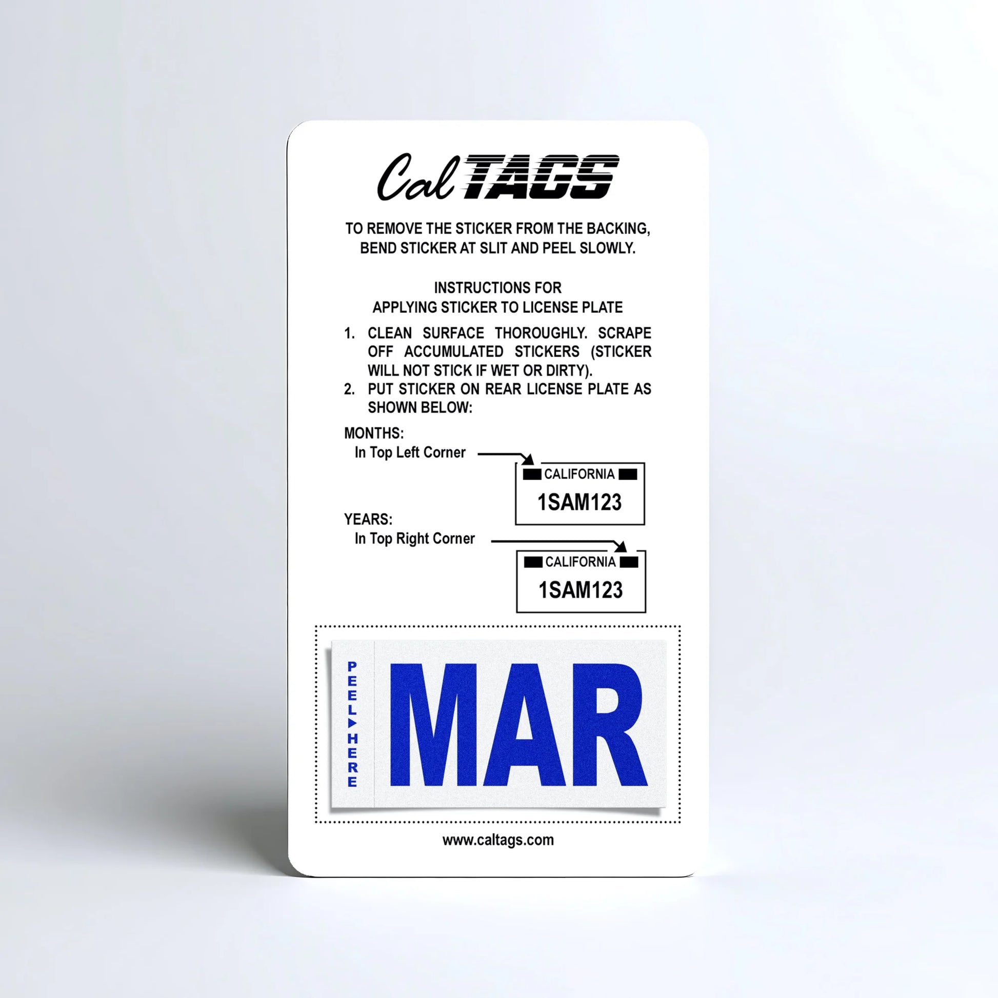 California license plate March month sticker mounted on CalTags display card — Modern Series