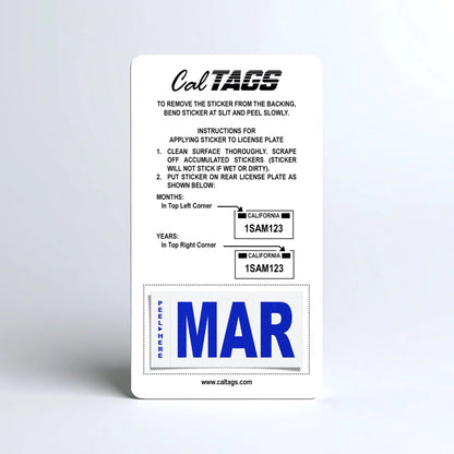 California license plate March month sticker mounted on CalTags display card — Modern Series