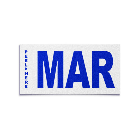 California license plate March month sticker — Modern Series — reproduction shown on white background