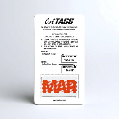 California license plate March month sticker mounted on CalTags display card — Red Series