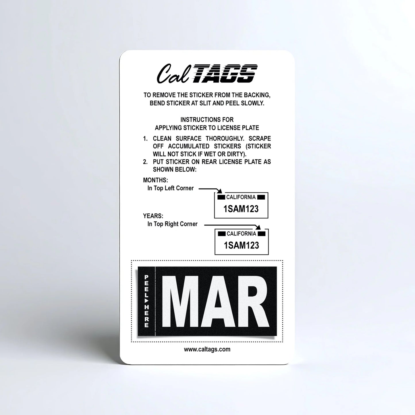 California license plate March month sticker mounted on CalTags display card — Stealth Series