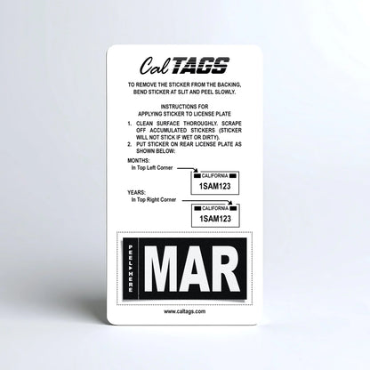 California license plate March month sticker mounted on CalTags display card — Stealth Series
