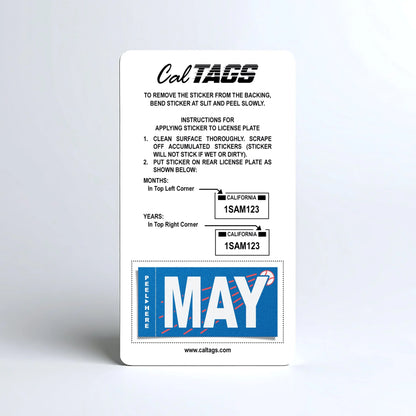California license plate May month sticker mounted on CalTags display card — Ballpark Series