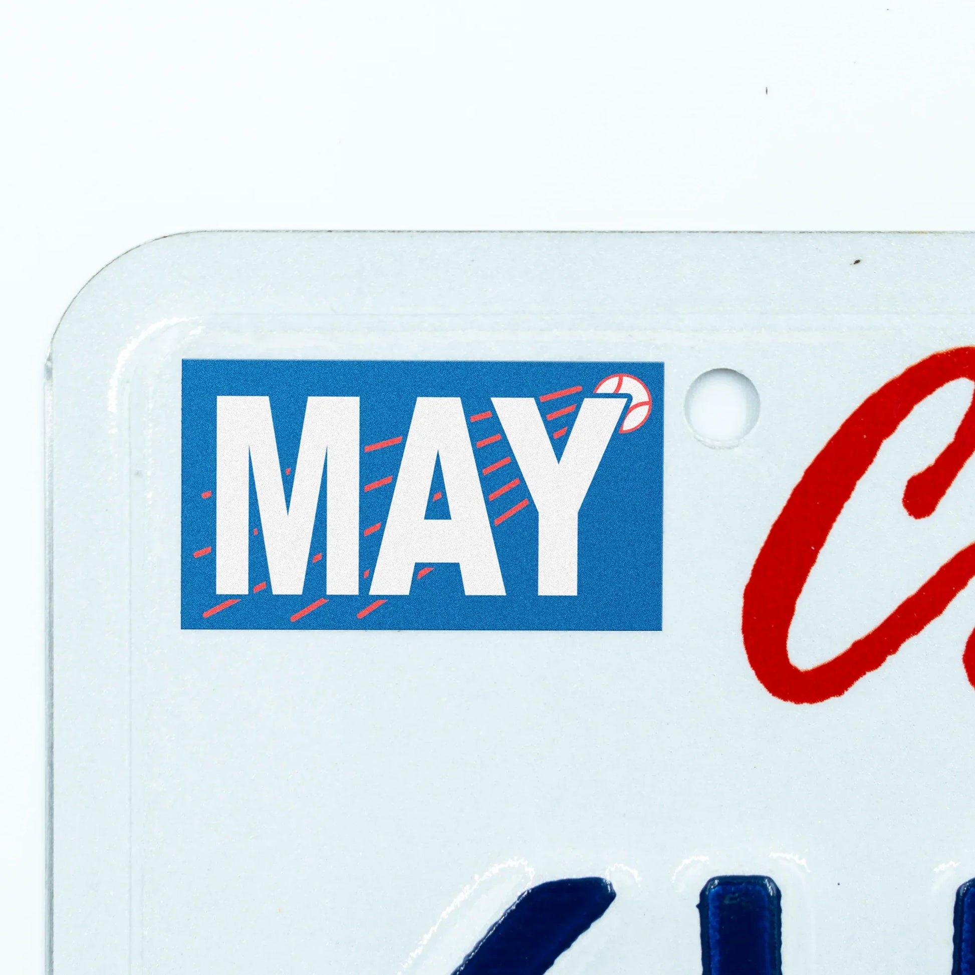 California license plate May month sticker applied to upper corner of white California plate — Ballpark Series