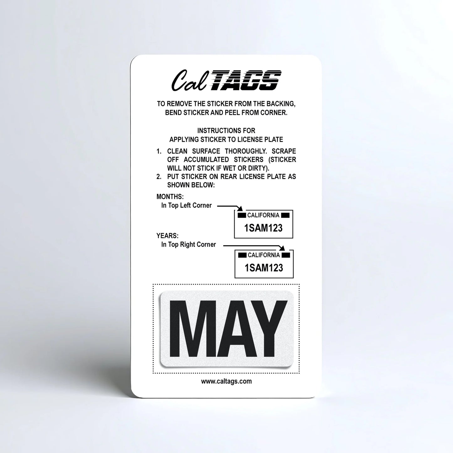 California license plate May month sticker mounted on CalTags display card — Black Series