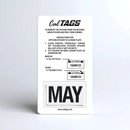 California license plate May month sticker mounted on CalTags display card — Black Series
