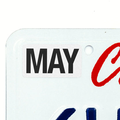 California license plate May month sticker applied to upper corner of white California plate — Black Series