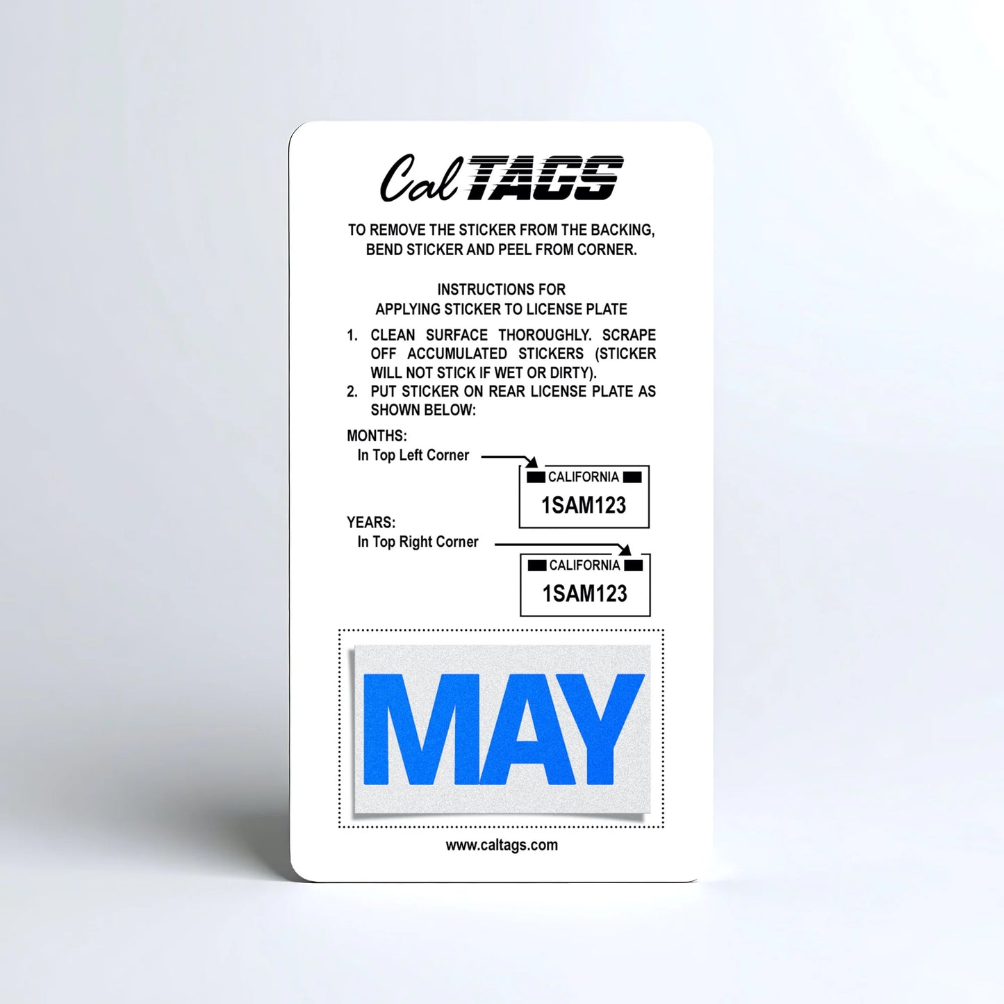 California license plate May month sticker mounted on CalTags display card — Blue Series