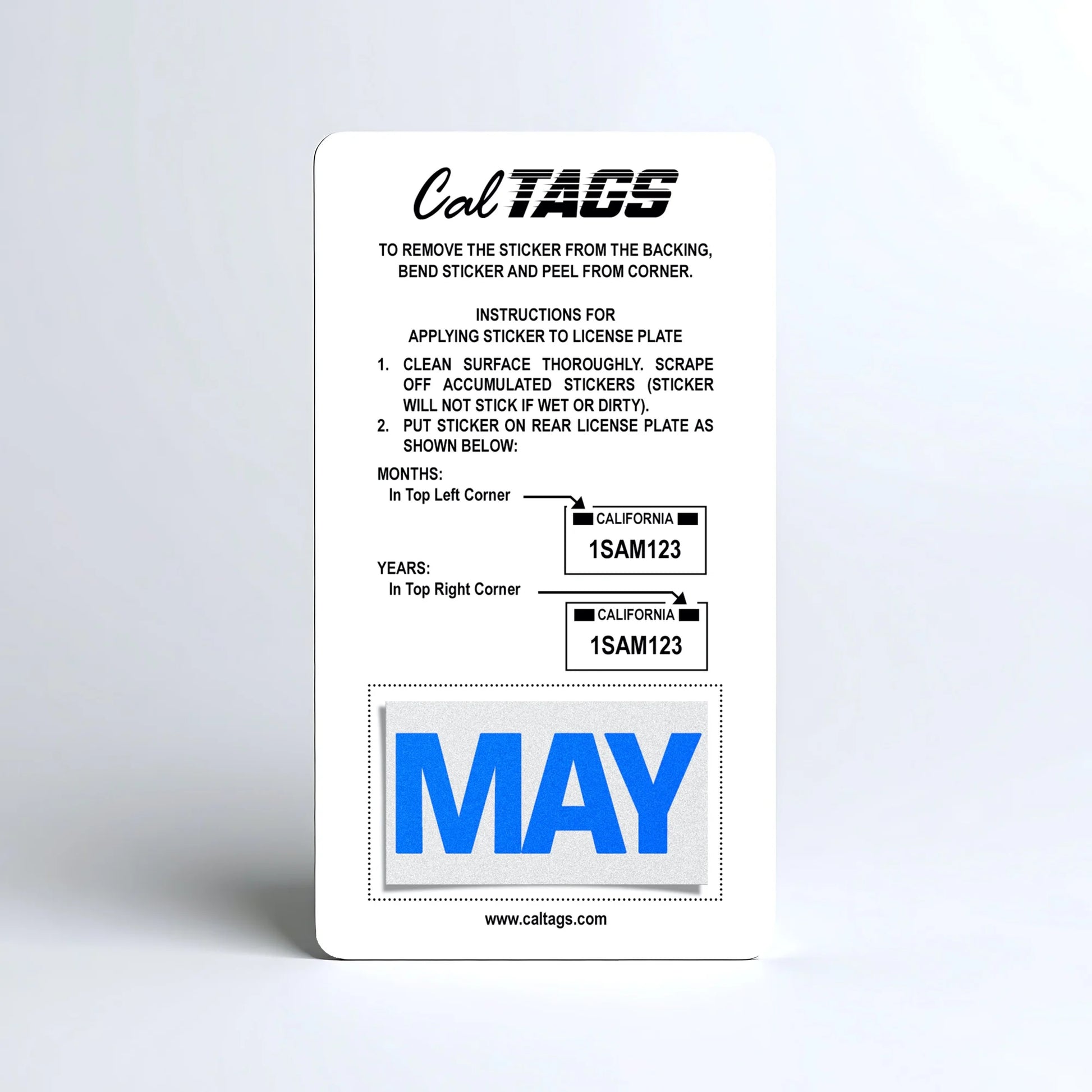 California license plate May month sticker mounted on CalTags display card — Blue Series