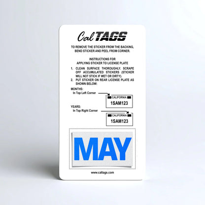 California license plate May month sticker mounted on CalTags display card — Blue Series