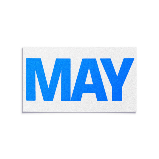 California license plate May month sticker — Blue Series — reproduction shown on white background