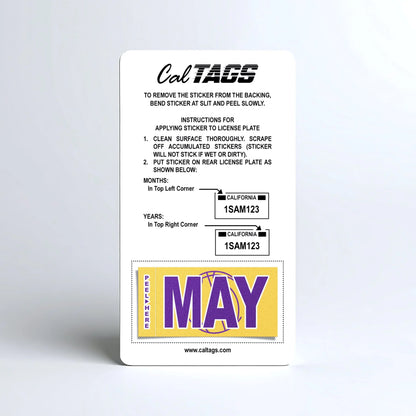 California license plate May month sticker mounted on CalTags display card — Courtside Series