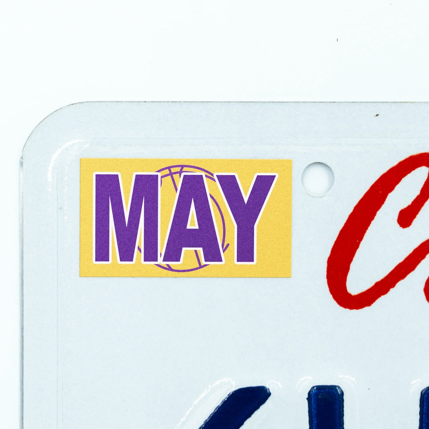 California license plate May month sticker applied to upper corner of white California plate — Courtside Series
