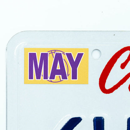 California license plate May month sticker applied to upper corner of white California plate — Courtside Series