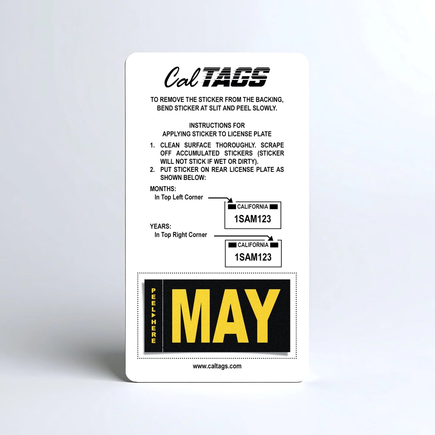 California license plate May month sticker mounted on CalTags display card — Legacy Series