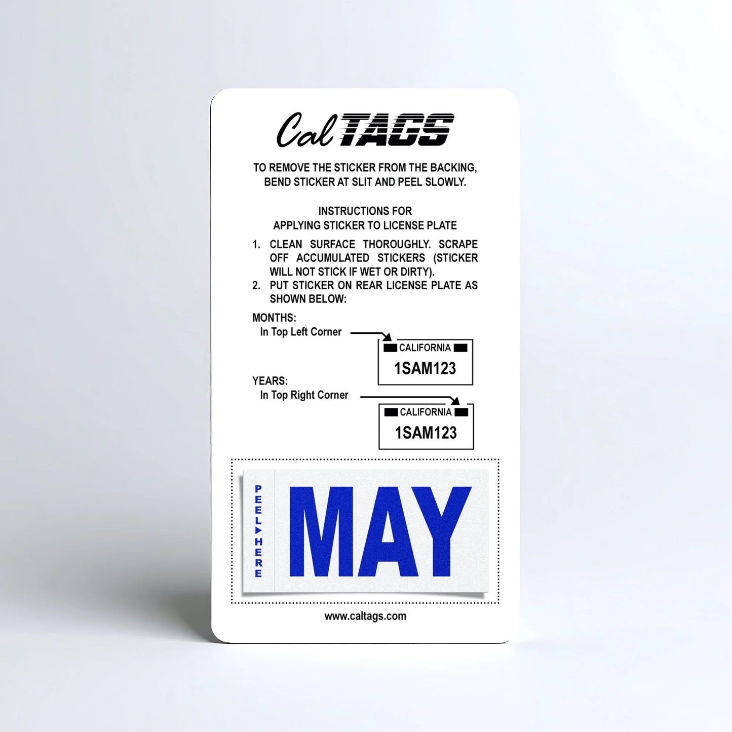 California license plate May month sticker mounted on CalTags display card — Modern Series