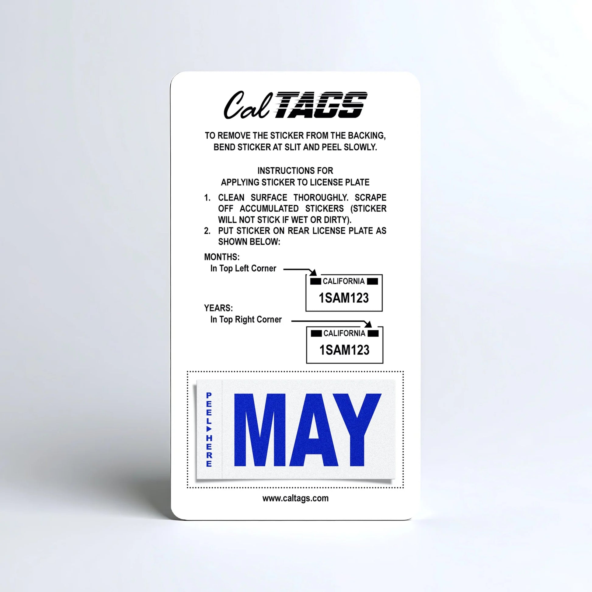 California license plate May month sticker mounted on CalTags display card — Modern Series