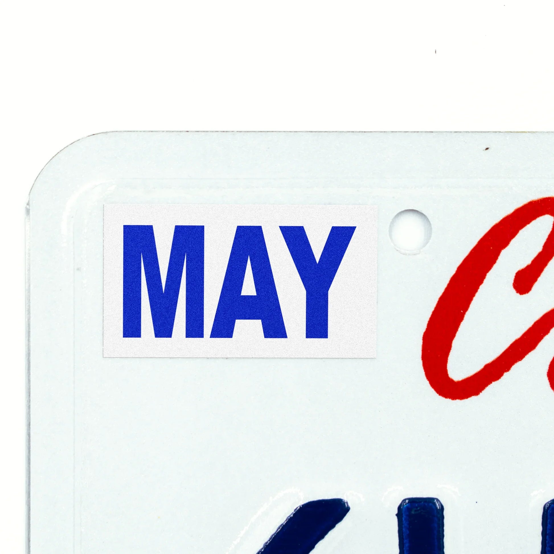 California license plate May month sticker applied to upper corner of white California plate — Modern Series