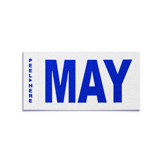 California license plate May month sticker — Modern Series — reproduction shown on white background