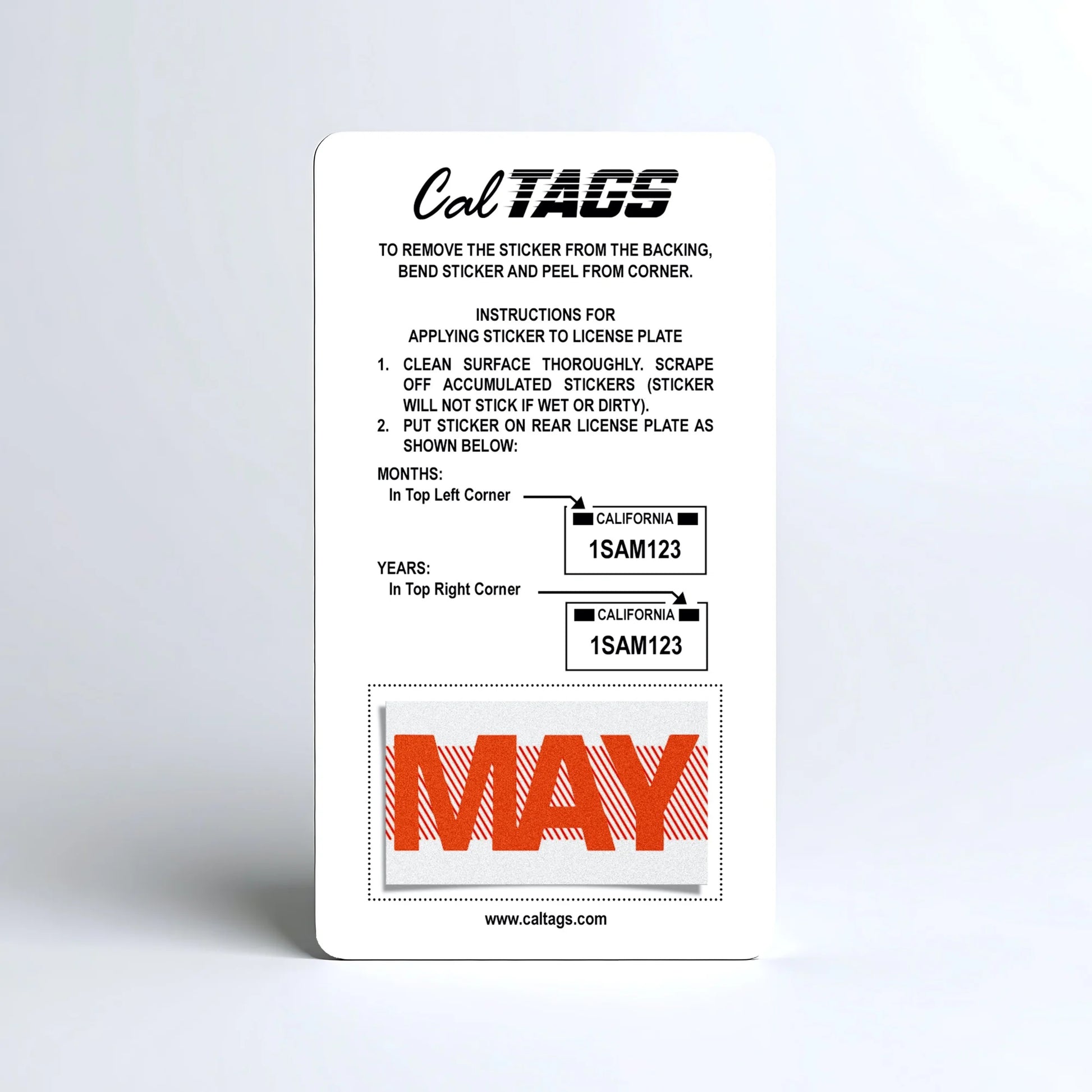 California license plate May month sticker mounted on CalTags display card — Red Series