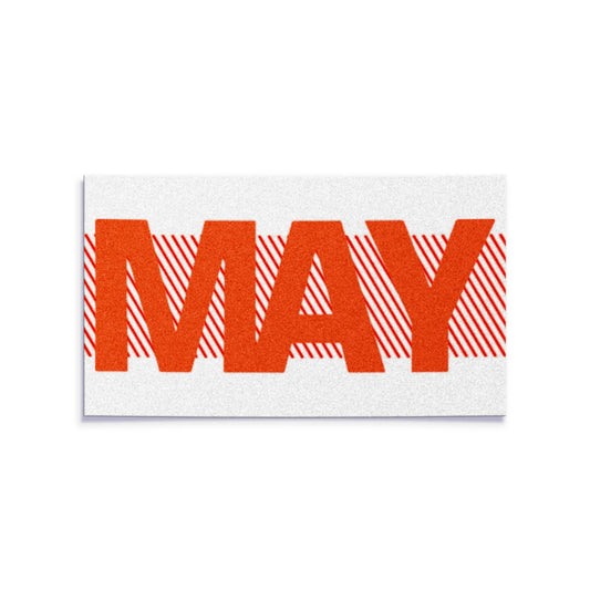 California license plate May month sticker — Red Series — reproduction shown on white background