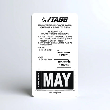 California license plate May month sticker mounted on CalTags display card — Stealth Series