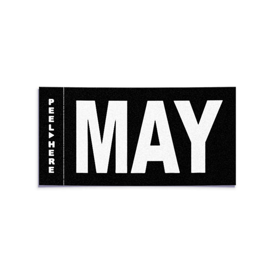 California license plate May month sticker — Stealth Series — reproduction shown on white background