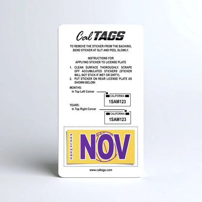 California license plate November month sticker mounted on CalTags display card — Courtside Series