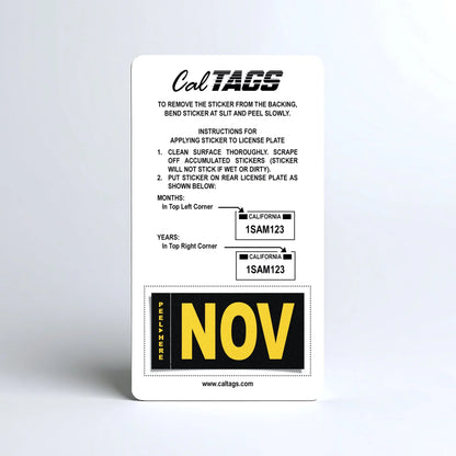 California license plate November month sticker mounted on CalTags display card — Legacy Series