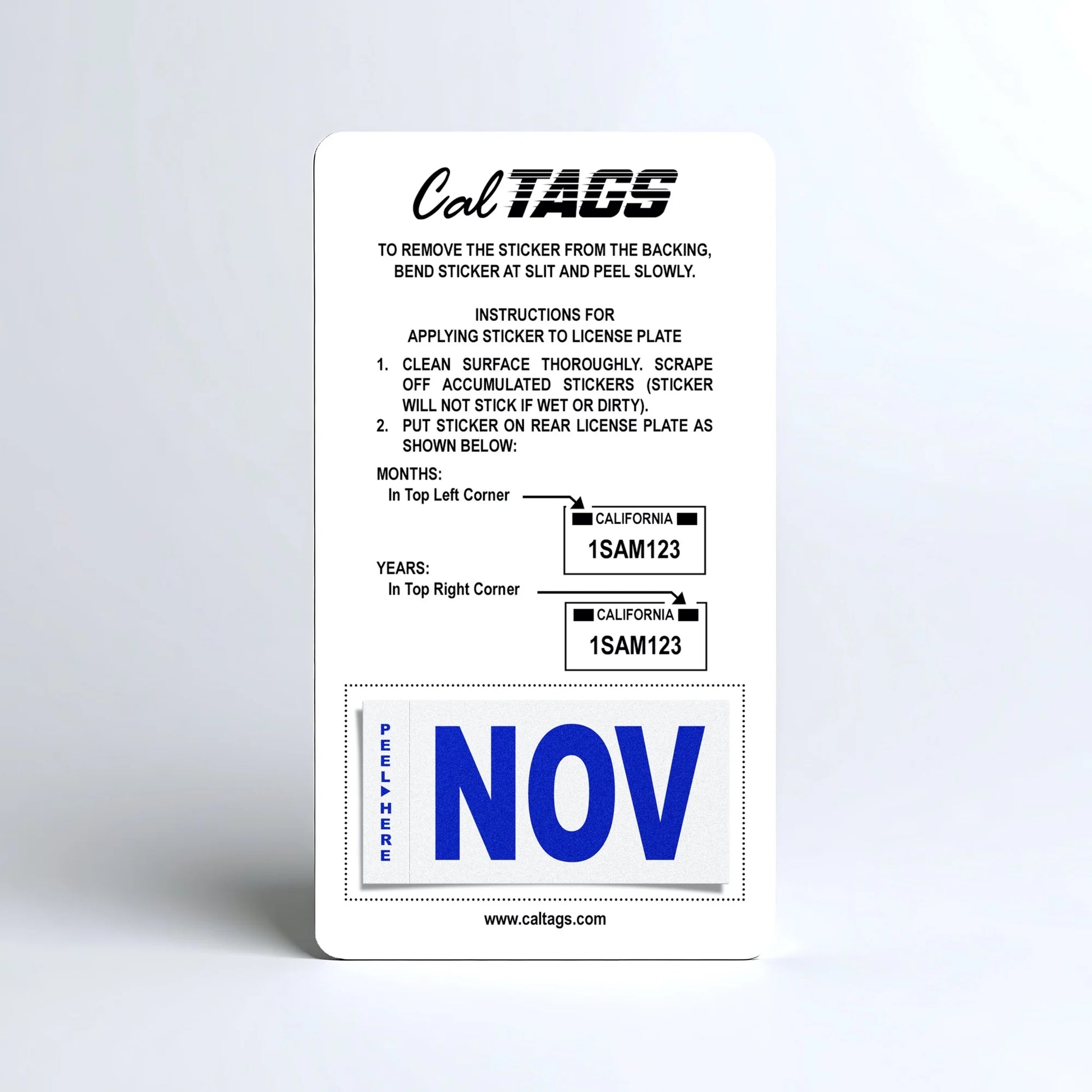 California license plate November month sticker mounted on CalTags display card — Modern Series