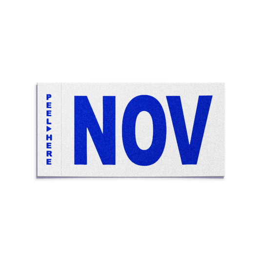 California license plate November month sticker — Modern Series — reproduction shown on white background