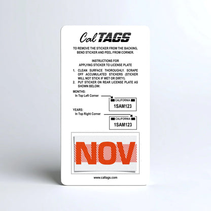 California license plate November month sticker mounted on CalTags display card — Red Series