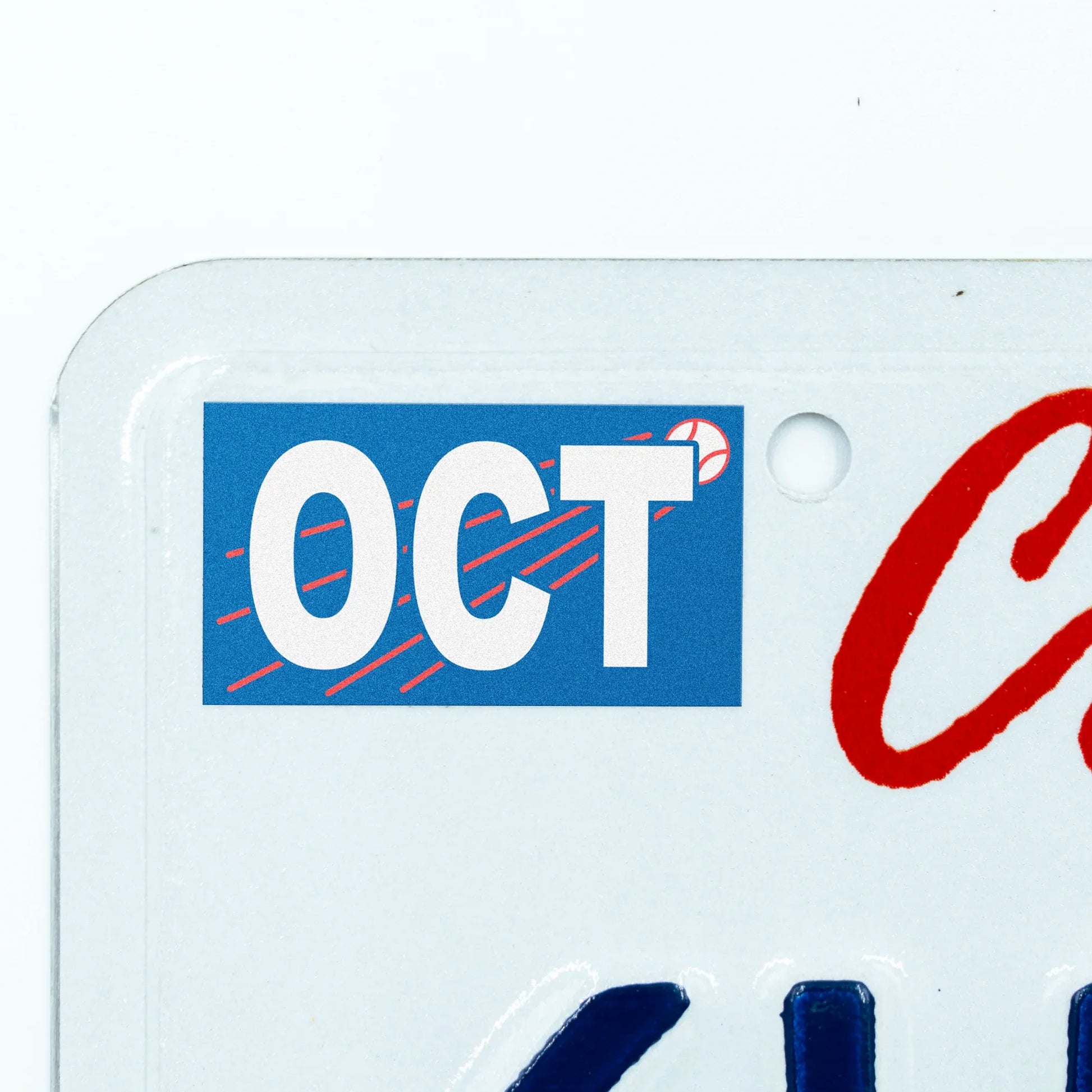 California license plate October month sticker applied to upper corner of white California plate — Ballpark Series