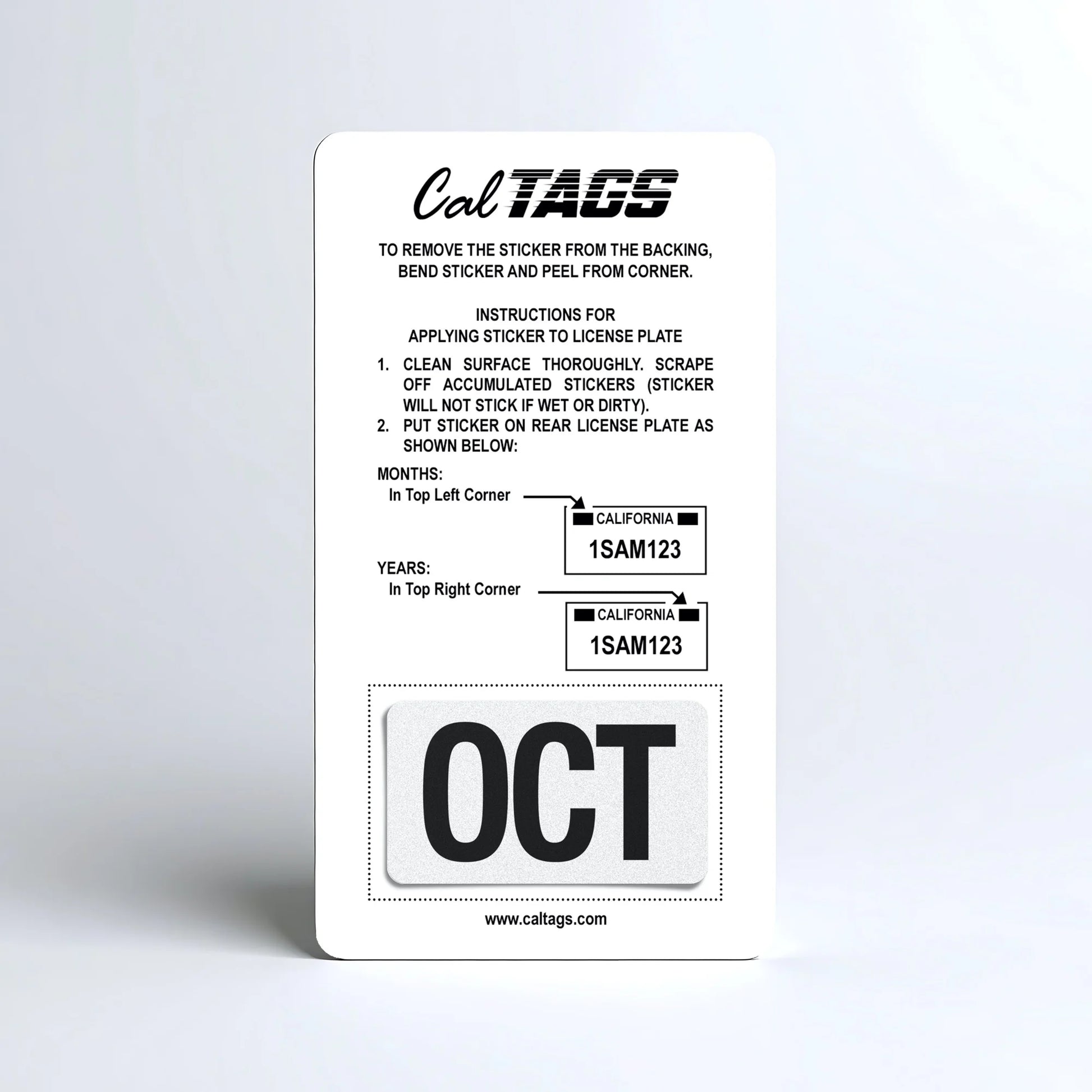 California license plate October month sticker mounted on CalTags display card — Black Series