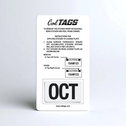 California license plate October month sticker mounted on CalTags display card — Black Series