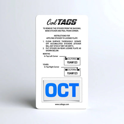 California license plate October month sticker mounted on CalTags display card — Blue Series