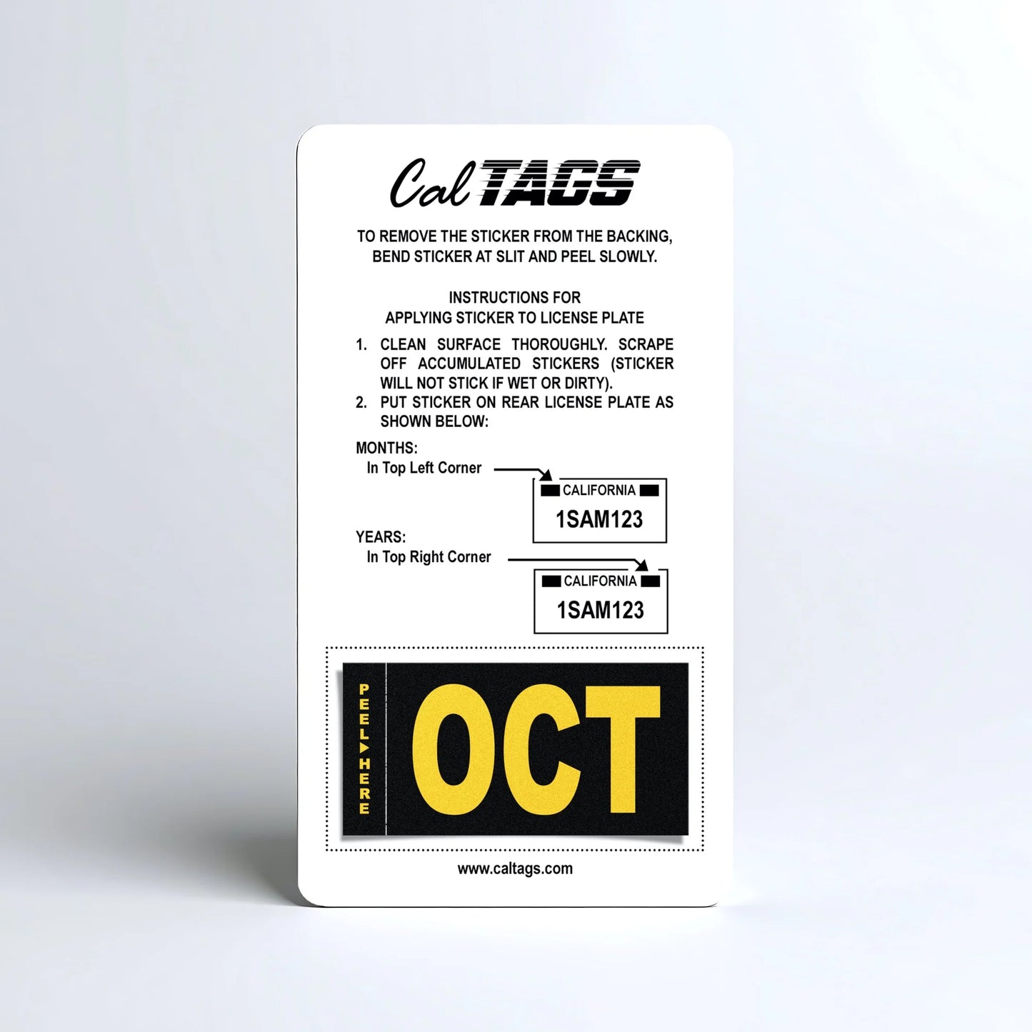 California license plate October month sticker mounted on CalTags display card — Legacy Series