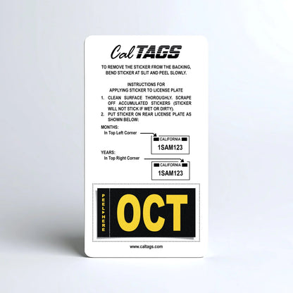 California license plate October month sticker mounted on CalTags display card — Legacy Series