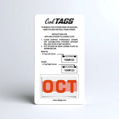 California license plate October month sticker mounted on CalTags display card — Red Series