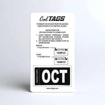 California license plate October month sticker mounted on CalTags display card — Stealth Series