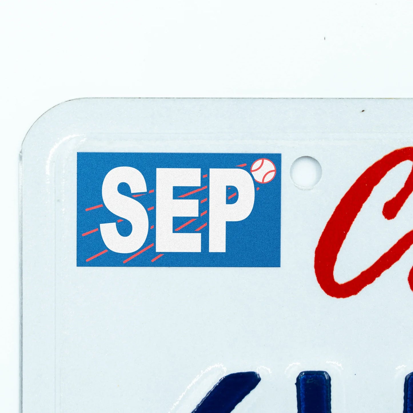 California license plate September month sticker applied to upper corner of white California plate — Ballpark Series