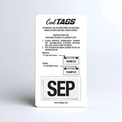 California license plate September month sticker mounted on CalTags display card — Black Series