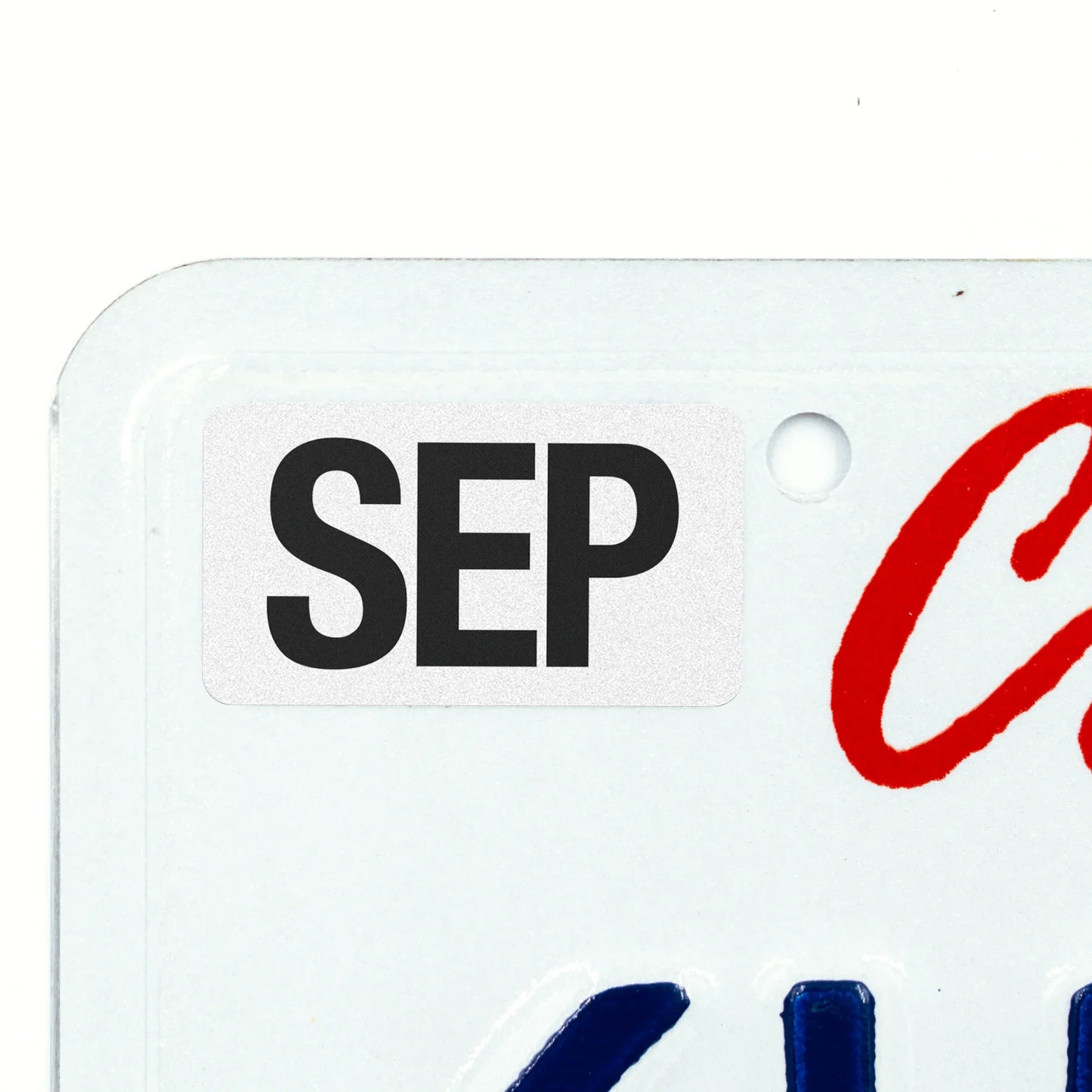 California license plate September month sticker applied to upper corner of white California plate — Black Series